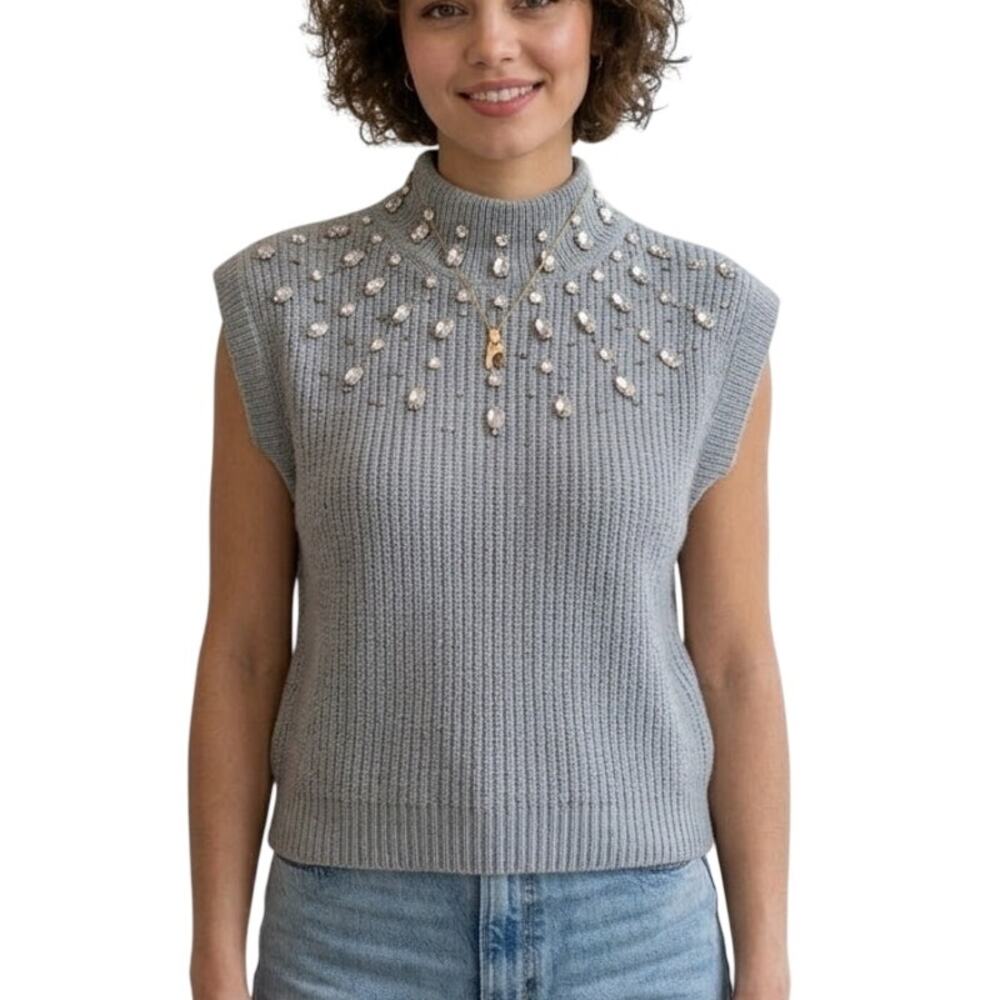 House of Harlow 1960 Gray Wool Blend Embellished Mock Neck Sweater Vest Small S